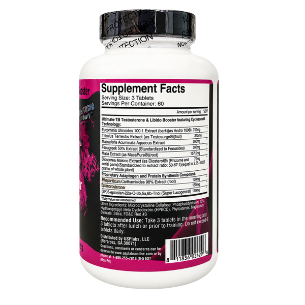 A white plastic bottle of dietary supplements with a black cap, showing the back label with Supplement Facts, a barcode, and product details on a white background.