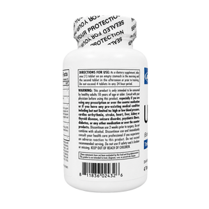 White plastic bottle of dietary supplement with a black-and-white striped cap, shown from the back on a plain white background. The label includes a warning, directions, barcode, and blue side panel.