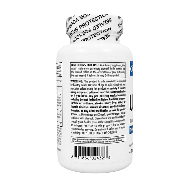 White plastic bottle of dietary supplement with a black-and-white striped cap, shown from the back on a plain white background. The label includes a warning, directions, barcode, and blue side panel.