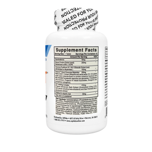 A white plastic bottle of dietary supplements shown from the back, displaying the Supplement Facts label and a sealed black-and-white foil cap.