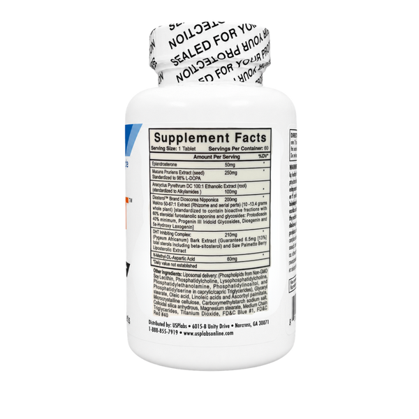 A white plastic bottle of dietary supplements shown from the back, displaying the Supplement Facts label and a sealed black-and-white foil cap.