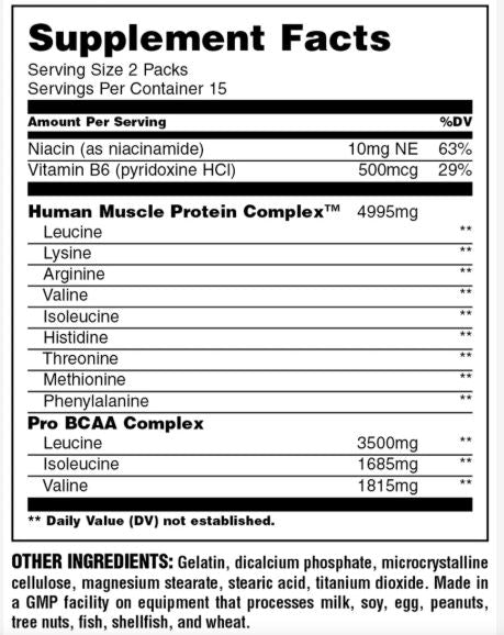 Supplement facts label for Human Muscle Protein Complex with detailed nutritional information.