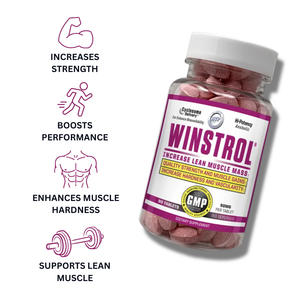Hi-Tech Pharmaceuticals Winstrol bottle on a white background with a list of 4 highlights.