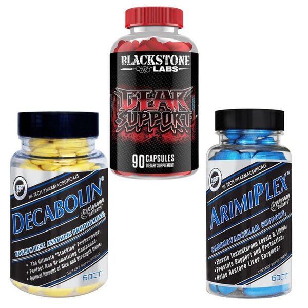 A bottle of Hi-Tech Decabolin, Blackstone Labs Gear Support, and Hi-tech Arimiplex on a white background.