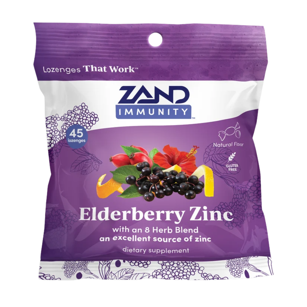 Zand Immunity Elderberry Zinc dietary supplement in a purple and white resealable pouch with berry illustrations and fruit imagery on the front.