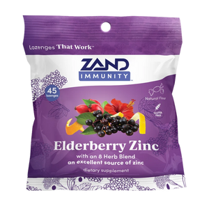 Zand Immunity Elderberry Zinc dietary supplement in a purple and white resealable pouch with berry illustrations and fruit imagery on the front.