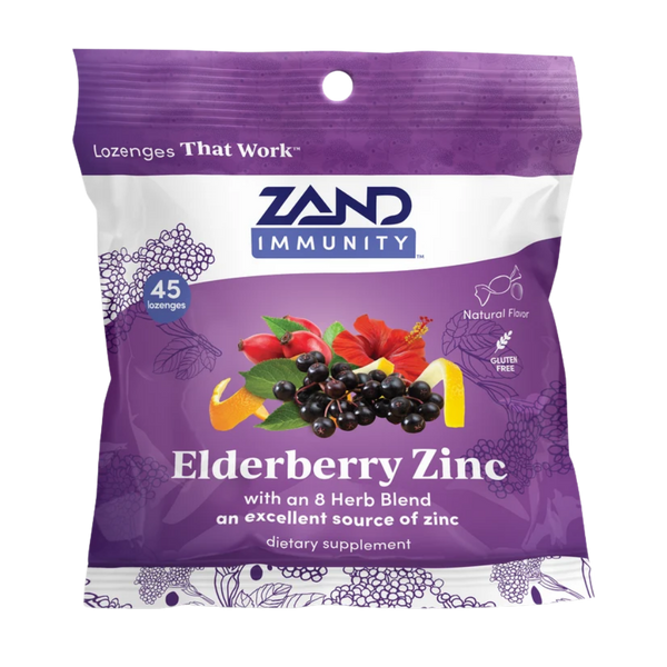 Zand Immunity Elderberry Zinc dietary supplement in a purple and white resealable pouch with berry illustrations and fruit imagery on the front.