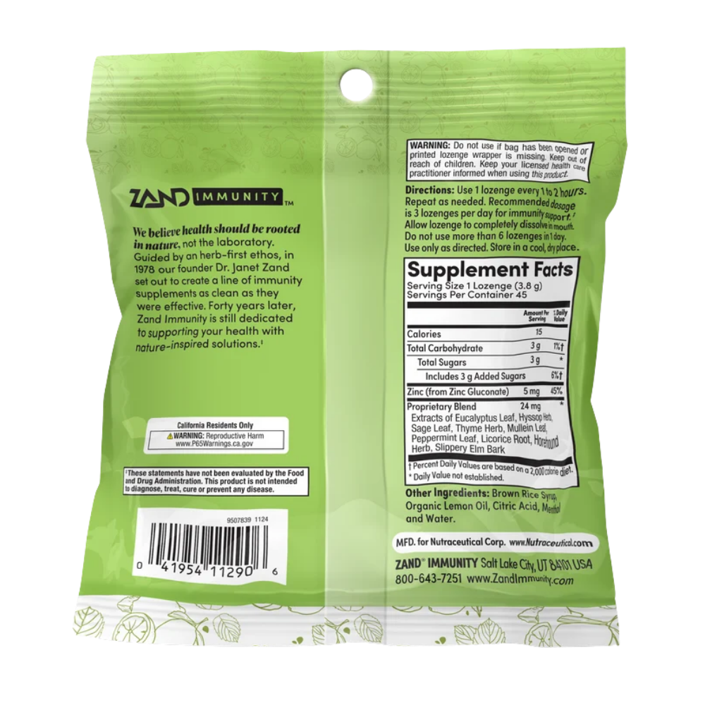 Zand Immunity Lemon Zinc lozenge packet, featuring a light green and white design with illustrations of lemons, limes, and mint leaves, containing 45 lozenges.