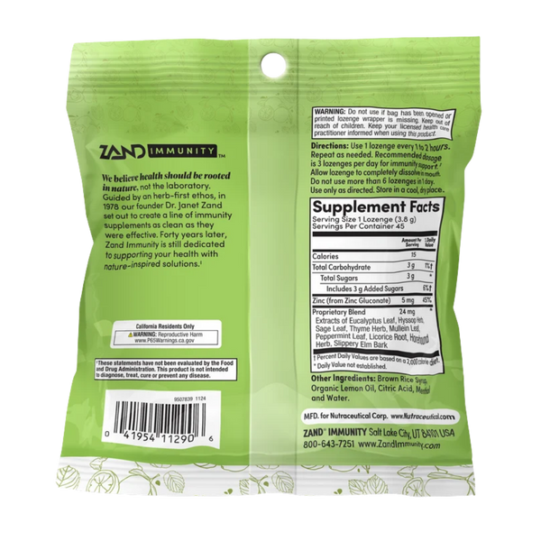 The back of a green Zand Immunity herbal supplement pouch, showing the brand name, product description, directions, and a Supplement Facts label on a white background.