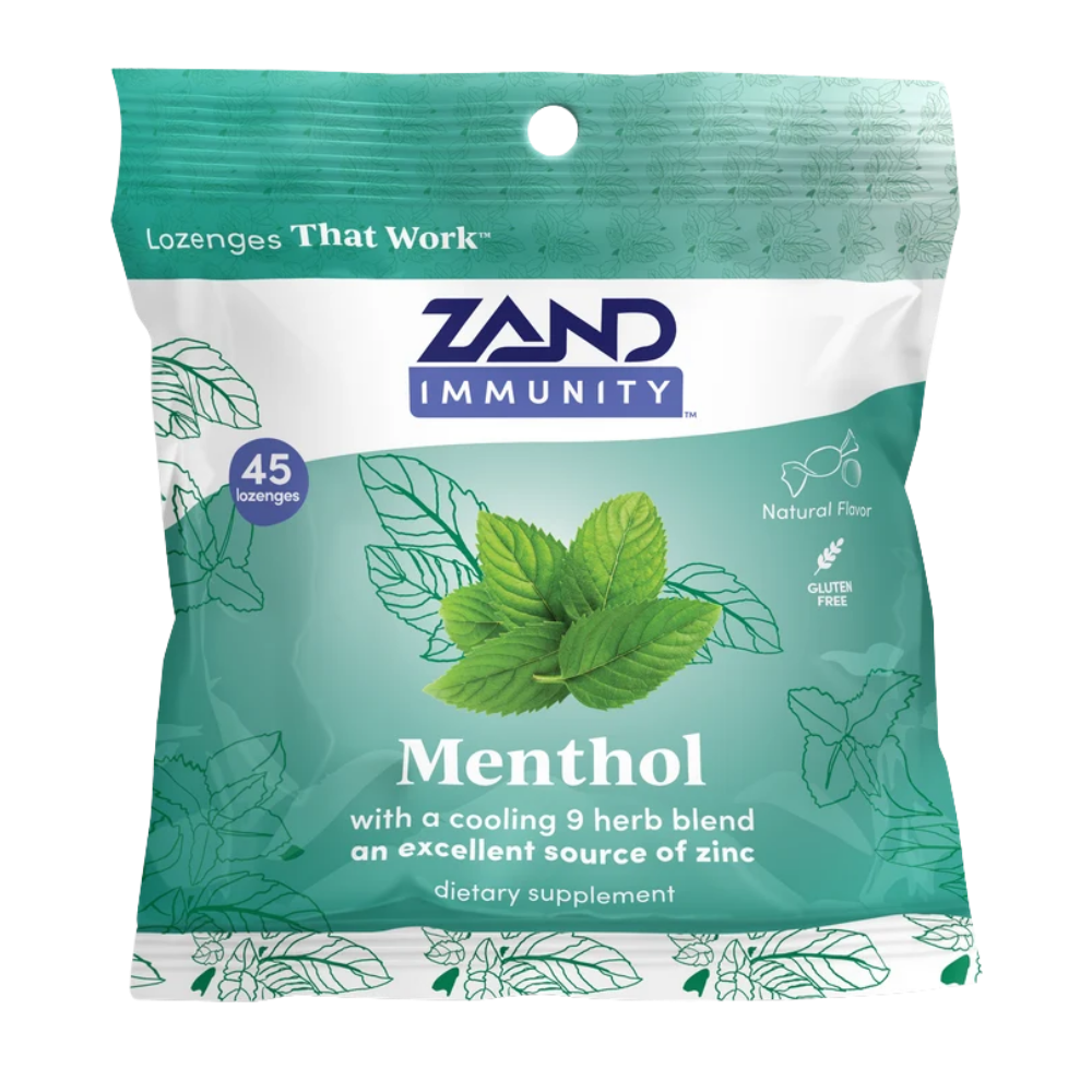 Zand Immunity Menthol dietary supplement pouch, featuring a mint green and white design with a graphic of fresh mint leaves, on a solid white background.