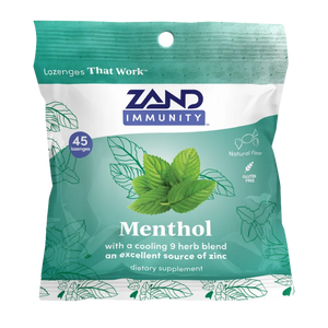 Zand Immunity Menthol dietary supplement pouch, featuring a mint green and white design with a graphic of fresh mint leaves, on a solid white background.