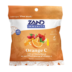Zand Immunity Orange C dietary supplement pouch, featuring a bright orange and white bag with illustrations of oranges, red hibiscus flowers, and a lemon slice. The packaging includes the Zand Immunity brand logo and highlights 45 lozenges.
