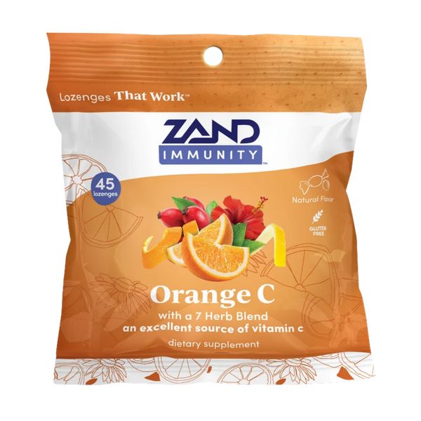 Zand Immunity Orange C dietary supplement pouch, featuring a bright orange and white bag with illustrations of oranges, red hibiscus flowers, and a lemon slice. The packaging includes the Zand Immunity brand logo and highlights 45 lozenges.