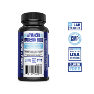 A black supplement bottle labeled 'Advanced Magnesium Blend' shown on a white background, alongside several blue certification badges including Lab Verified, GMP, Made in the USA, and Gluten Free.