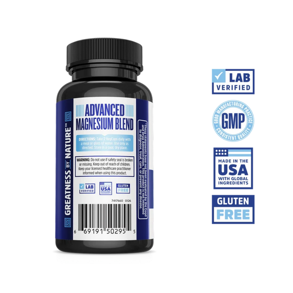 A black supplement bottle labeled 'Advanced Magnesium Blend' shown on a white background, alongside several blue certification badges including Lab Verified, GMP, Made in the USA, and Gluten Free.
