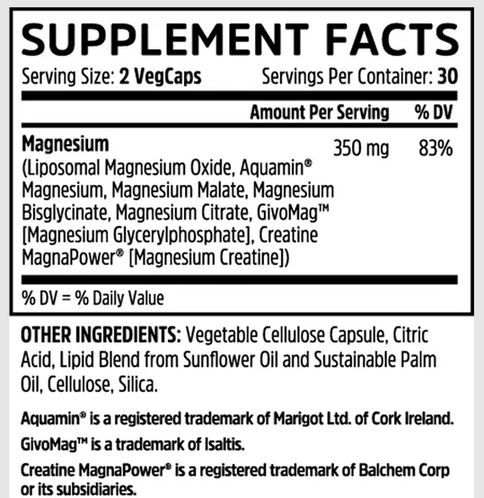 A close-up of a supplement facts label showing Magnesium information, including serving size of 2 VegCaps, daily value percentage of 83%, and other ingredients listed below.