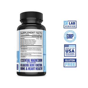 A black supplement bottle labeled 'Essential Magnesium' with a black cap, shown on a white background alongside blue badge graphics reading 'Lab Verified,' 'GMP Manufactured Quality,' 'Made in the USA,' and 'Gluten Free.'.