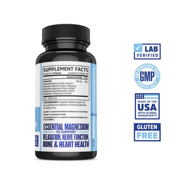 A black supplement bottle labeled 'Essential Magnesium' with a black cap, shown on a white background alongside blue badge graphics reading 'Lab Verified,' 'GMP Manufactured Quality,' 'Made in the USA,' and 'Gluten Free.'.