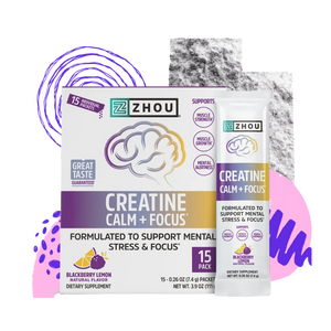 Zhou Creatine Calm + Focus dietary supplement packaging, showing a 15-pack box and a single sachet on a white background with abstract purple and gray graphic accents.