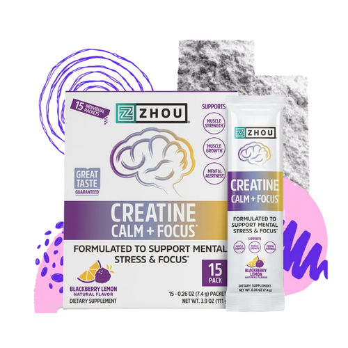 Zhou Creatine Calm + Focus dietary supplement packaging, showing a 15-pack box and a single sachet on a white background with abstract purple and gray graphic accents.