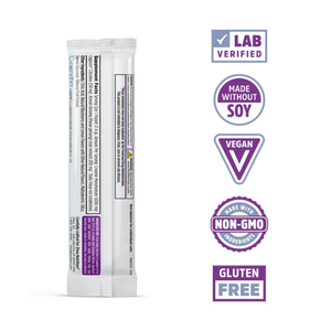 A single stick pack of Corn2Flour gluten-free baking flour stands upright on a white background, with five purple and white certification badges aligned to the right: Lab Verified, Made Without Soy, Vegan, Non-GMO, and Gluten Free.