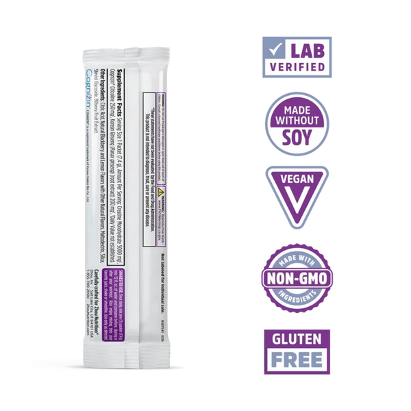 A single stick pack of Corn2Flour gluten-free baking flour stands upright on a white background, with five purple and white certification badges aligned to the right: Lab Verified, Made Without Soy, Vegan, Non-GMO, and Gluten Free.
