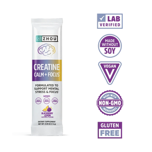 A single tube of ZHOU Creatine Calm + Focus dietary supplement on a white background, accompanied by five purple and white badge graphics on the right indicating Lab Verified, Made Without Soy, Vegan, Non-GMO, and Gluten Free.