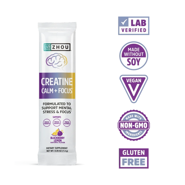 A single tube of ZHOU Creatine Calm + Focus dietary supplement on a white background, accompanied by five purple and white badge graphics on the right indicating Lab Verified, Made Without Soy, Vegan, Non-GMO, and Gluten Free.