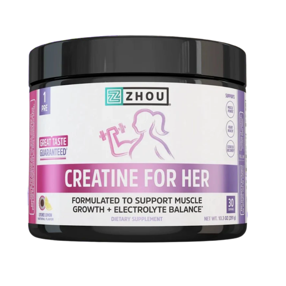 A black plastic tub of ZHOU Creatine for Her dietary supplement, featuring a white and purple label with a pink silhouette of a woman lifting weights.