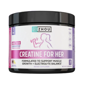 A black plastic tub of ZHOU Creatine for Her dietary supplement, featuring a white and purple label with a pink silhouette of a woman lifting weights.