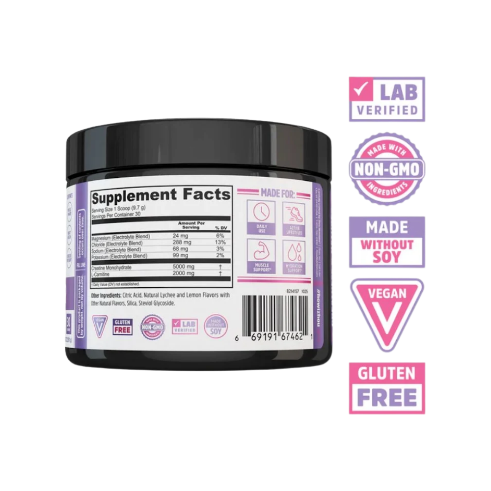 A black plastic tub of ZHOU Creatine for Her dietary supplement, featuring a white and purple label with a pink silhouette of a woman lifting weights.