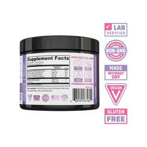A black plastic tub of dietary supplement powder shown from the back, featuring a white and purple label with Supplement Facts. To the right of the tub are five purple and pink badges reading LAB VERIFIED, MADE WITH NON-GMO SEEDS, MADE WITHOUT SOY, VEGAN, and GLUTEN FREE.