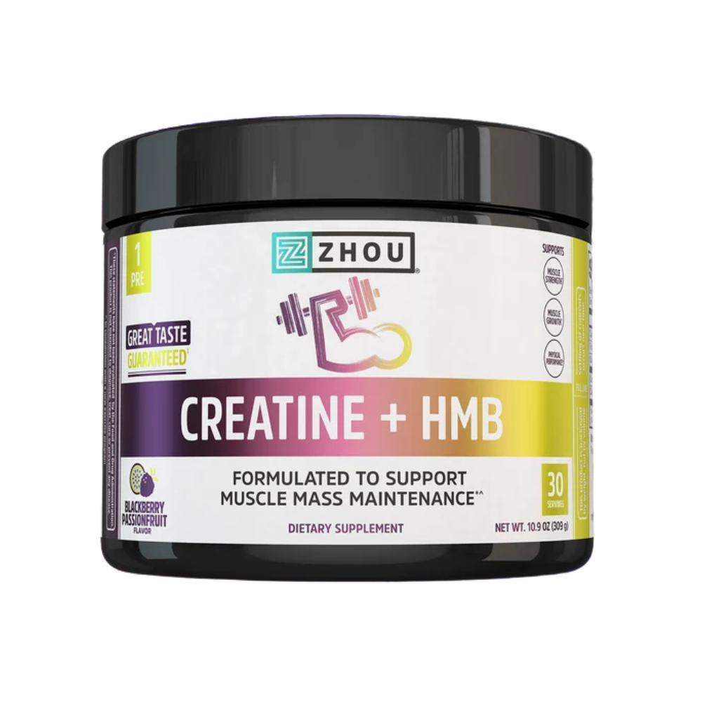 A black plastic tub of Zhou Creatine + HMB dietary supplement on a plain white background.