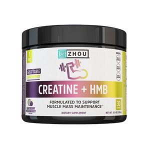 A black plastic tub of Zhou Creatine + HMB dietary supplement on a plain white background.