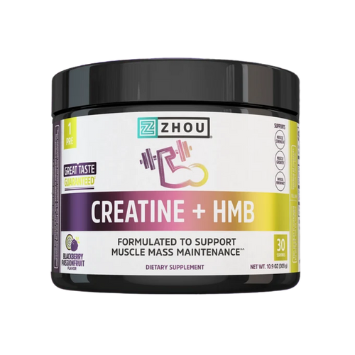 A black plastic tub of Zhou Creatine + HMB dietary supplement on a plain white background.
