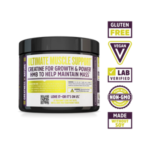 A black tub of Ultimate Muscle Support creatine supplement with a white and yellow label, shown on a white background with several feature badges on the right including Gluten Free, Vegan, Lab Verified, Non-GMO, and Made Without Soy.
