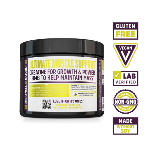 A black tub of Ultimate Muscle Support creatine supplement with a white and yellow label, shown on a white background with several feature badges on the right including Gluten Free, Vegan, Lab Verified, Non-GMO, and Made Without Soy.