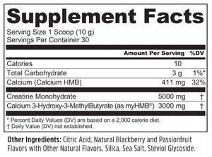 A close-up of a supplement facts label showing serving size, calories, total carbohydrate, calcium, creatine monohydrate, and calcium 3-hydroxy-3-methylbutyrate, with other ingredients listed below on a black background.