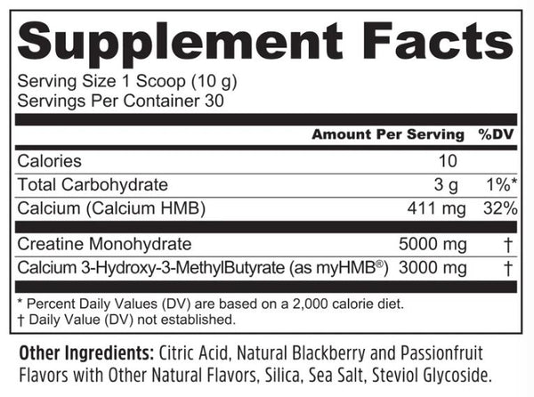 A close-up of a supplement facts label showing serving size, calories, total carbohydrate, calcium, creatine monohydrate, and calcium 3-hydroxy-3-methylbutyrate, with other ingredients listed below on a black background.