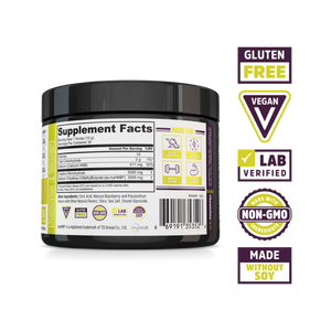 A black plastic tub of a dietary supplement with a white and yellow label showing the Supplement Facts panel, alongside several certification badges on the right including Gluten Free, Vegan, Lab Verified, Non-GMO, and Made Without Soy.