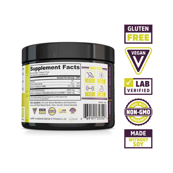 A black plastic tub of a dietary supplement with a white and yellow label showing the Supplement Facts panel, alongside several certification badges on the right including Gluten Free, Vegan, Lab Verified, Non-GMO, and Made Without Soy.