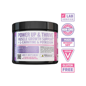 A black plastic tub of Power Up & Thrive Muscle Growth Support supplement with a purple and white label, shown alongside several certification badges on a plain white background.