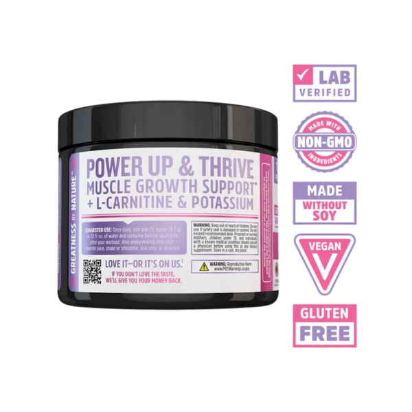 A black plastic tub of Power Up & Thrive Muscle Growth Support supplement with a purple and white label, shown alongside several certification badges on a plain white background.