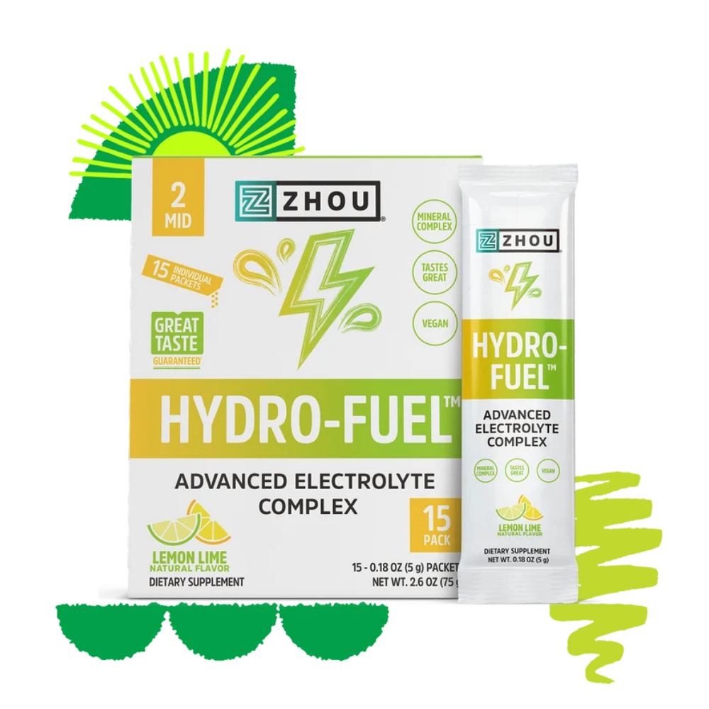 Zhou Hydro-Fuel Advanced Electrolyte Complex dietary supplement packaging, showing a box of 15 passionfruit lemonade flavored packets and a single stick packet, set against a white background with a purple and green sunburst graphic.