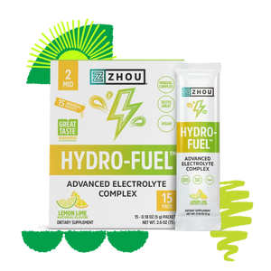 Zhou Hydro-Fuel Advanced Electrolyte Complex dietary supplement shown as a white and green box with a matching single stick pack, on a white background with decorative green graphic accents.