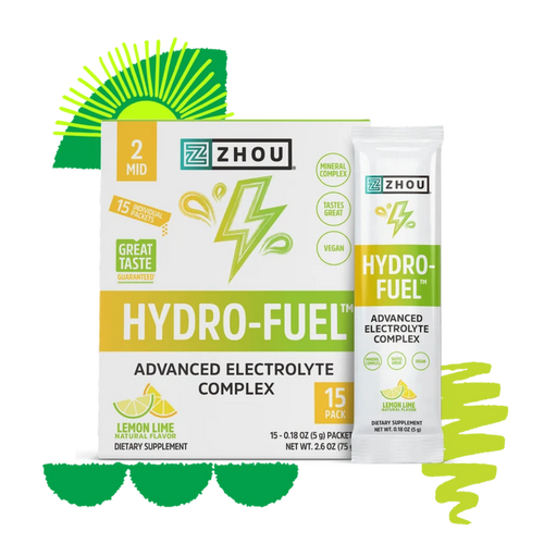 Zhou Hydro-Fuel Advanced Electrolyte Complex dietary supplement shown as a white and green box with a matching single stick pack, on a white background with decorative green graphic accents.