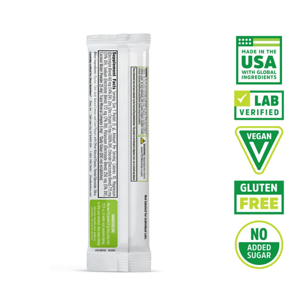 A single stick pack of Sweetener Free protein powder shown from the back, featuring a white wrapper with green and black text, alongside five green and white certification badges on the right.