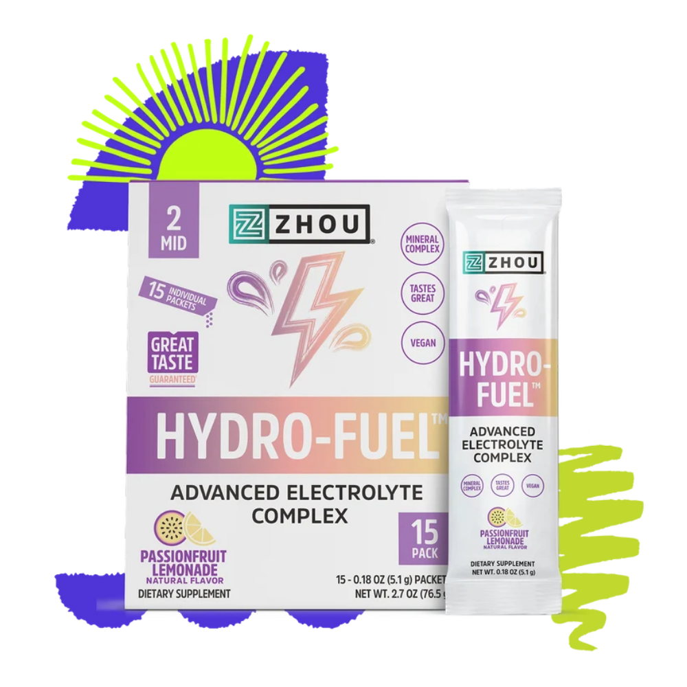 Zhou Hydro-Fuel Advanced Electrolyte Complex dietary supplement packaging, showing a box of 15 passionfruit lemonade flavored packets and a single stick packet, set against a white background with a purple and green sunburst graphic.