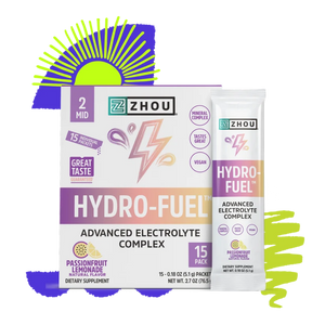 Zhou Hydro-Fuel Advanced Electrolyte Complex dietary supplement packaging, showing a box of 15 passionfruit lemonade flavored packets and a single stick packet, set against a white background with a purple and green sunburst graphic.