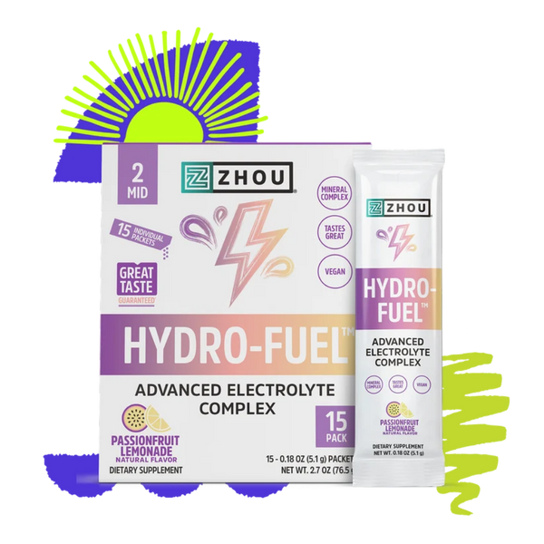 Zhou Hydro-Fuel Advanced Electrolyte Complex dietary supplement packaging, showing a box of 15 passionfruit lemonade flavored packets and a single stick packet, set against a white background with a purple and green sunburst graphic.